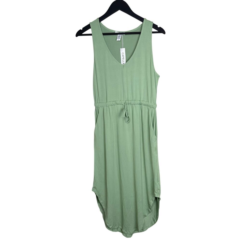 Dusty Green V-Neck Drawstring Sleeveless Midi Dress - Picture 7 of 9